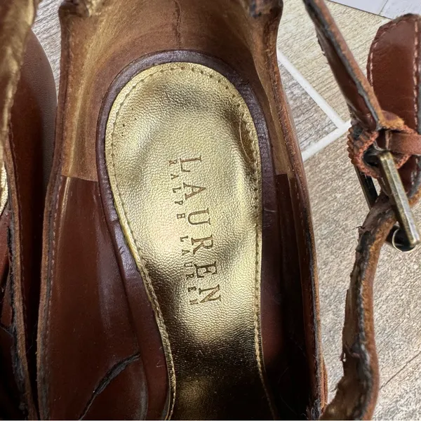 Ralph Lauren Hannie Brown‎ T Strap Peep Toe Wedge Sandals Leather Sz 8.5 - Image 5