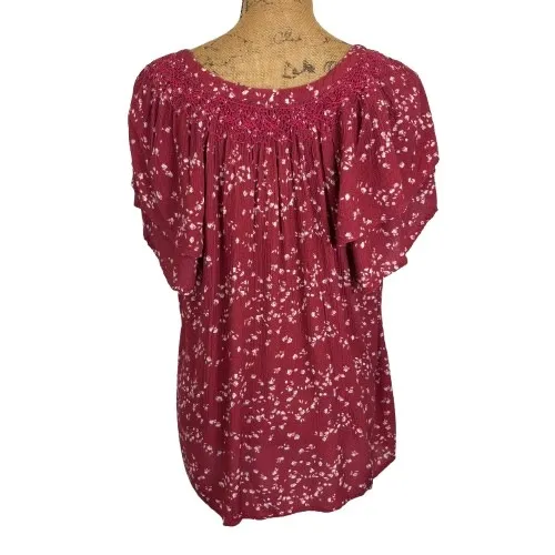 Garnet Hill Poetica Smocked Detail Crepe Blouse Red Floral Flutter Sleeve XL - Image 3
