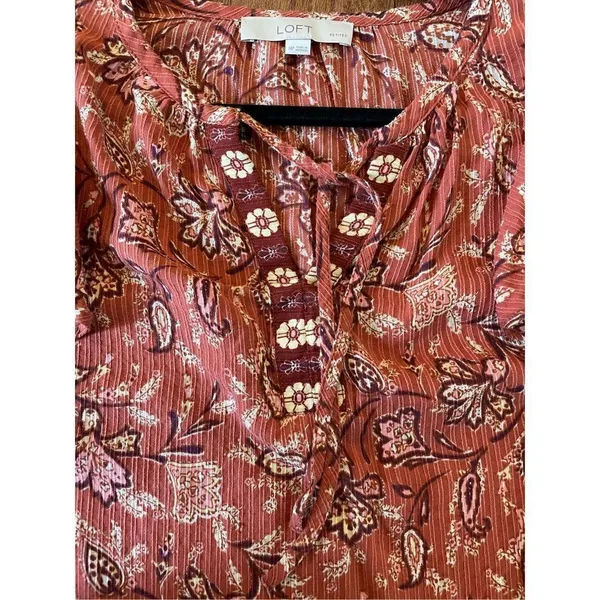 Loft burnt orange floral ruffled shoulder long sleeve blouse - Image 10