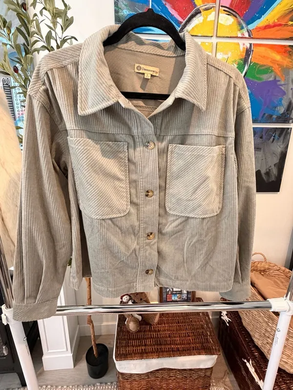 Democracy Women's Fall Soft Corduroy Cropped Jacket Lapel Collar Gray Green Tone Button-Up - Image 12