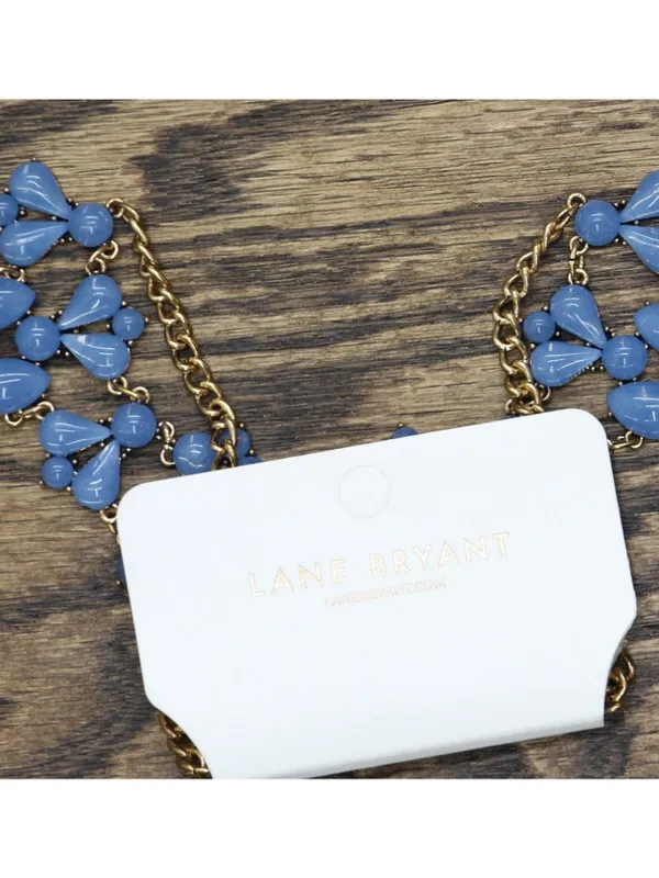 NWT Lane Bryant Floral Bib Statement Necklace Gold / Blue 17.5" + 3" - Image 3