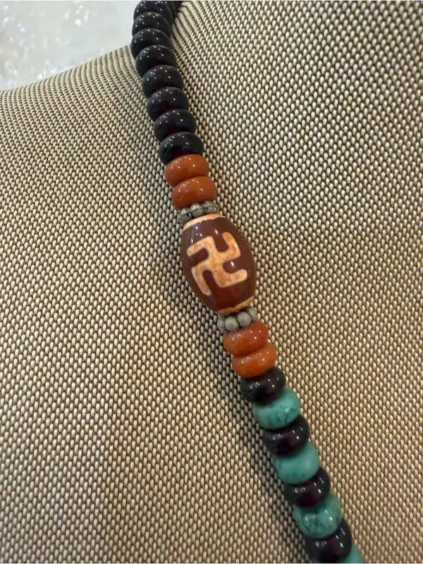 Handmade Unique Handcrafted Turquoise and Brown Beaded Buddhism Pendant Necklace - Image 4