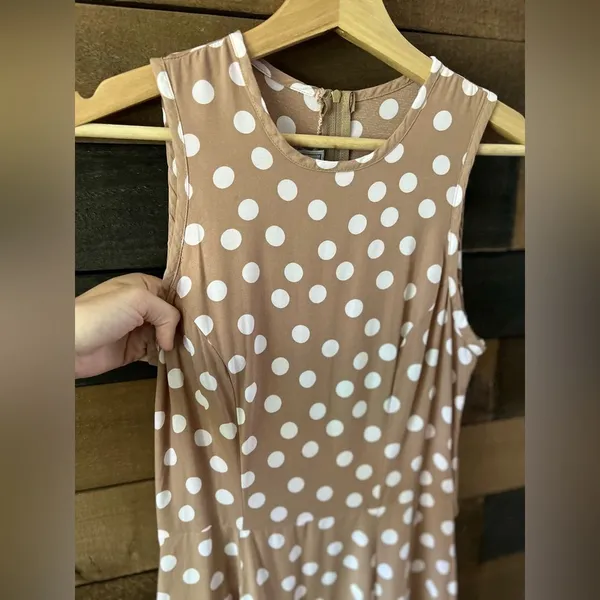 Vintage Paris Sport Club Sleeveless Tan Polka Dot Maxi Dress Made in USA Rayon - Image 4