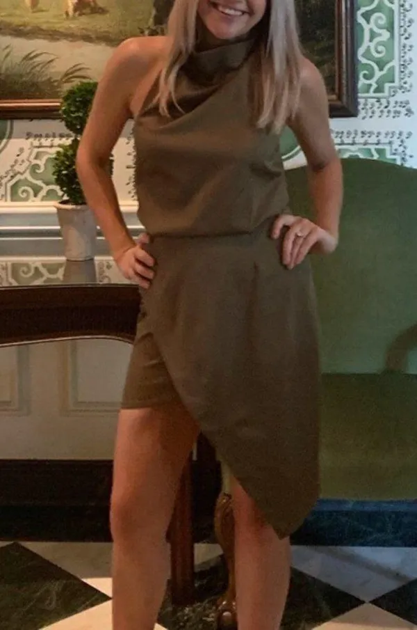 ELLIATT Camo Asymmetric Satin Cocktail Dress in Khaki Size Large - Image 13