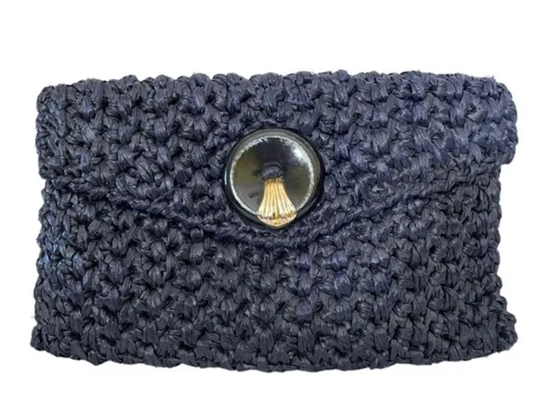 Vintage Navy Blue Woven Straw Envelope Clutch Purse Shoulder Bag - Image 11