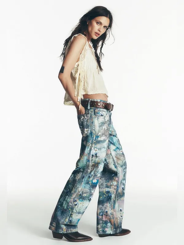 Free People Tennessee Low Rise Illusion Jeans Floral Canvas Paint Splatter - Image 9
