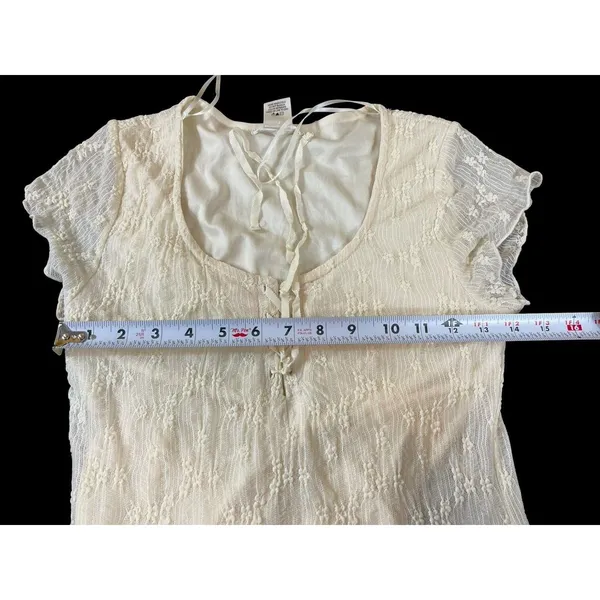 KIRIOUS Lace Up Midi Dress Cream Boho Sheer Lace Textured Slit Festival Beach S - Image 10