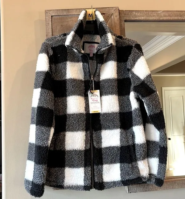 Sherpa Cozy Jacket Fluffy Zip Black White Buffalo Checkerboard Comfy Womens M - Image 13