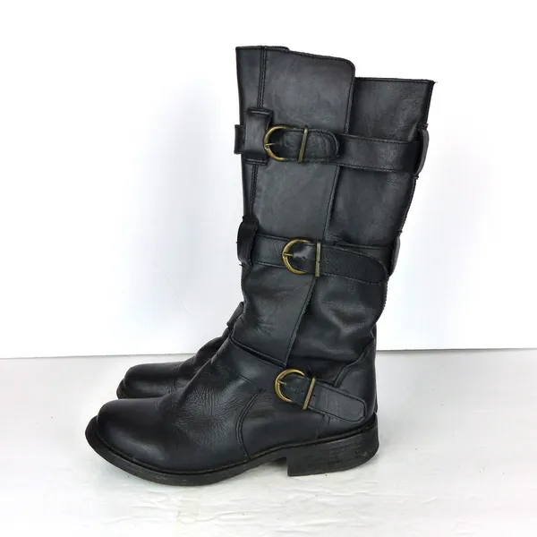 Steve Madden Buck Boots Womens 7.5 Black Leather Triple Buckle Moto Biker Y2K - Image 4