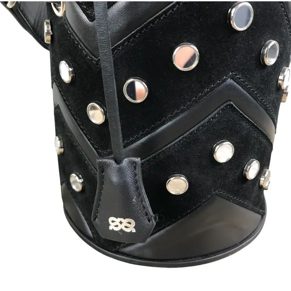 SALAR Italian Leather Studed Bucket Handbag Black Boho Luxury Rare Made In Italy - Image 9