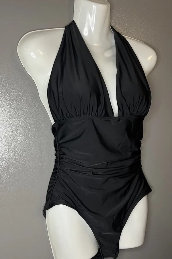 Old Navy Women’s Small Deep V-Neck Tie Back Black Halter One-Piece Swimsuit - Image 2