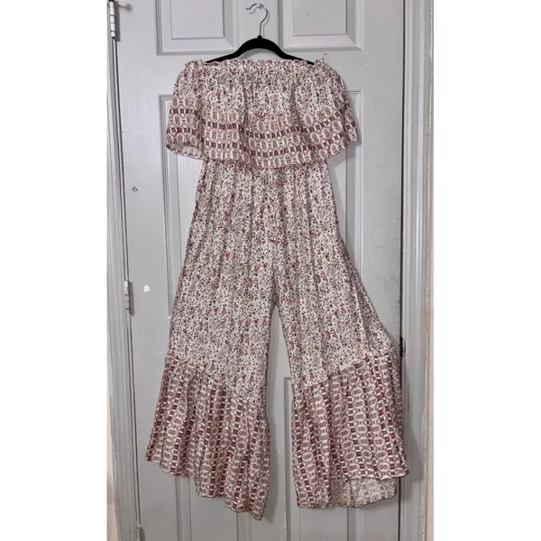 JAPNA Anthropologie Wide Leg Jumpsuit Romper Strapless Ruffle smocked small - Image 2