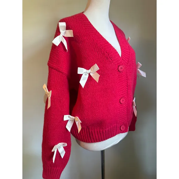Luna Ivy red Bow Cardigan Sweater M Coquette NEW peppy Y2K cottage Anthro dainty - Image 2