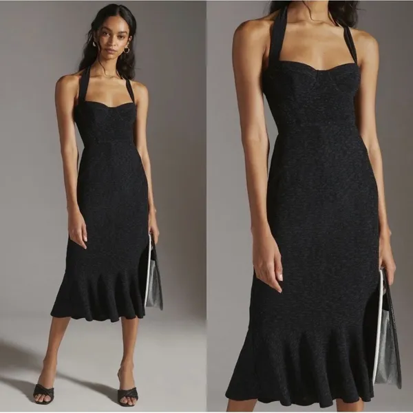 Anthropologie Hutch Black Textured Halter Midi Dress Flounce Hem - Image 2