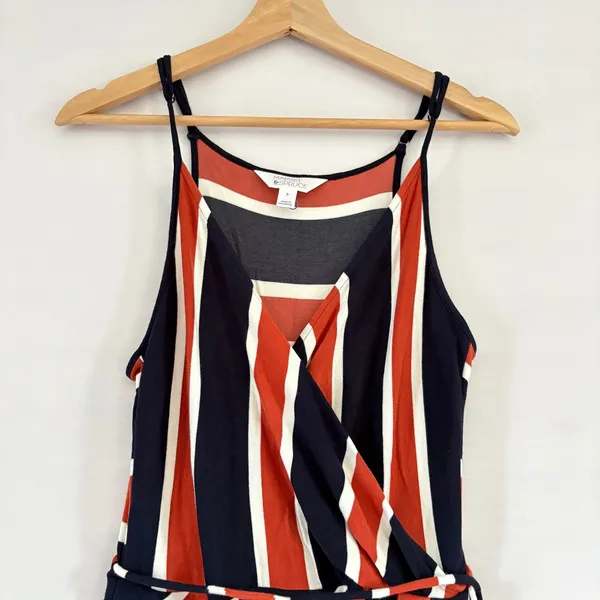 Market & Spruce Striped Faux Wrap Midi Dress Navy Blue Orange‎ Red Womens Medium - Image 4