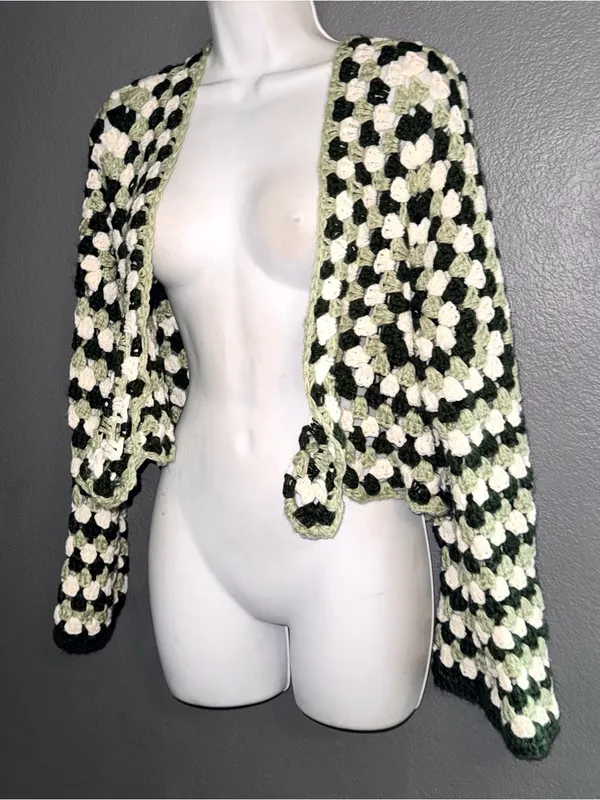 Handmade Crochet Granny Square Cardigan Tie Front Green Crop Top Small Medium - Image 4