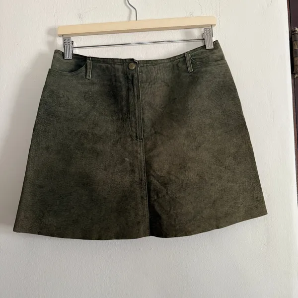 90s Vintage HUGO BUSCATI | Olive Green Suede Mini Skirt | 10 | Minimalist - Image 2