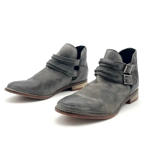 Free People Braeburn Distressed Gray Leather Ankle Boots 37 Double Buckle Strap - Image 3