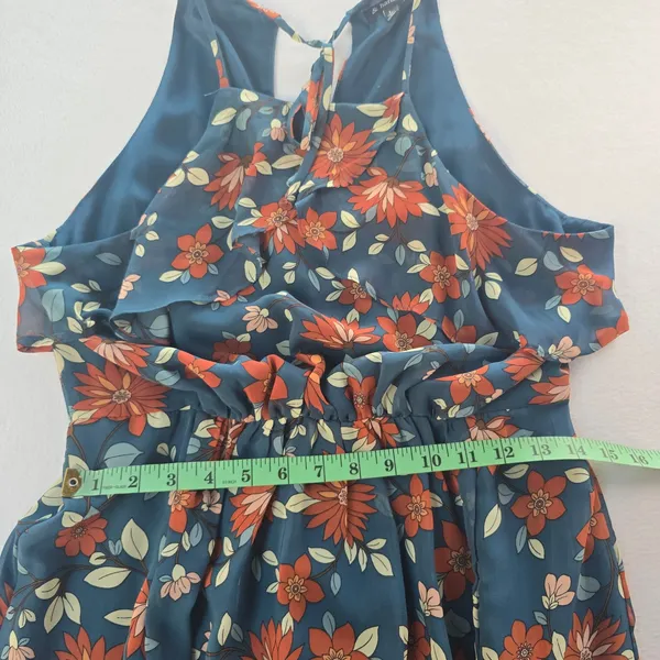 & Harmony Womens‎ Floral Maxi Dress Teal Orange Ruffle High Neck Slit Size Large - Image 7