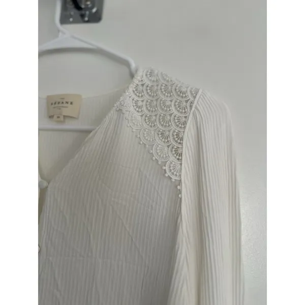 EUC Sézane Clém Sz38 White Long Sleeve Ecru Shirt Lace Details Textured Business - Image 6