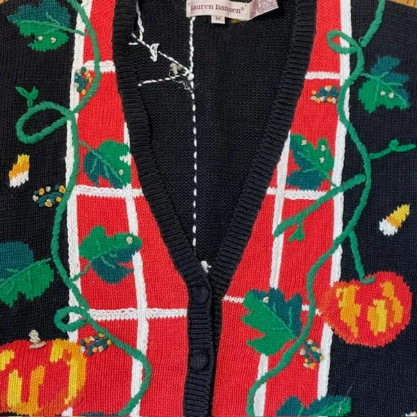 Vintage Cardigan Sweater Vest Halloween Knit Multicolor Embroidered Medium - Image 3