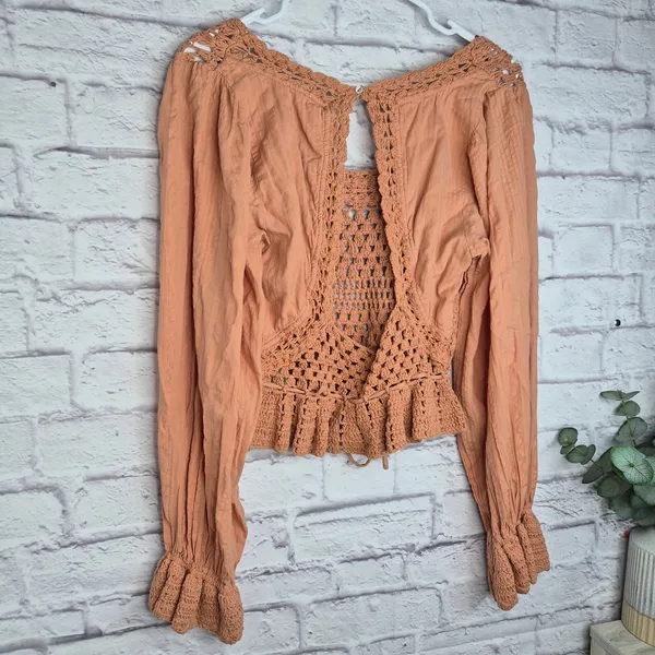 Free People Megan Crochet Peplum Blouse Open Back Boho Top Terracotta Gauze S - Image 9