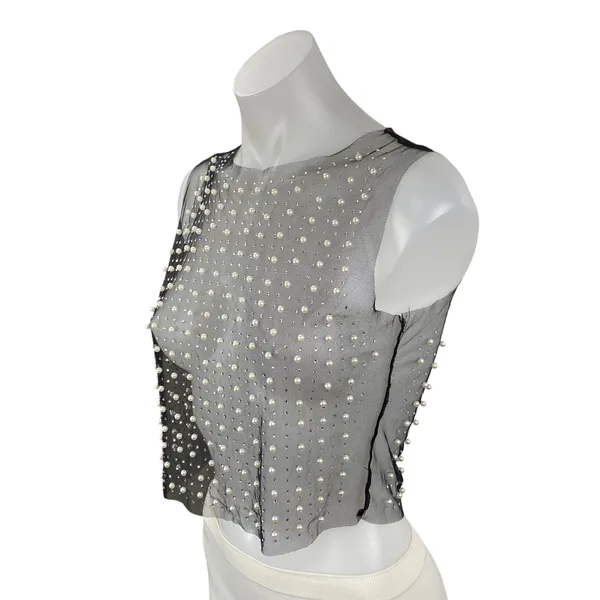 Women's Black Mesh Sheer Beaded Rhinestone Pearl Cami Tank Crop Top Size S - Image 3