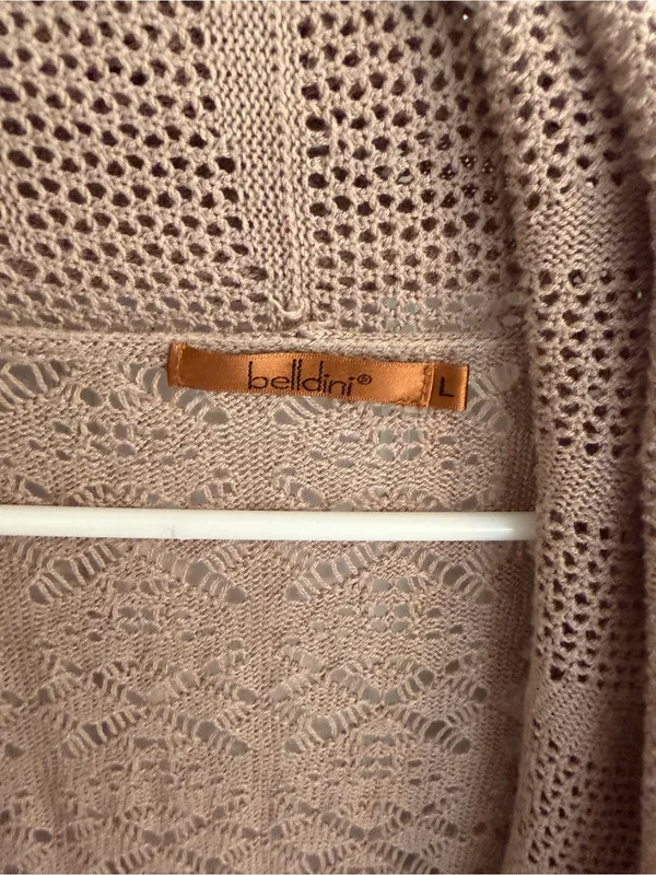 Belldini Open Knit Cardigan Large Taupe‎ Crochet Lace Drape Front Sweater - Image 2