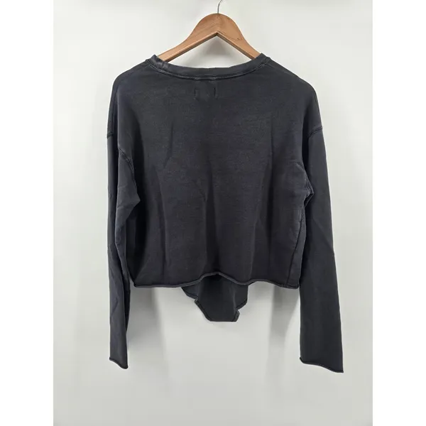 Aerie Sweatshirt Womens Medium Gray Cropped Asymmetrical Hem‎ Raw Edge Crew Neck - Image 3