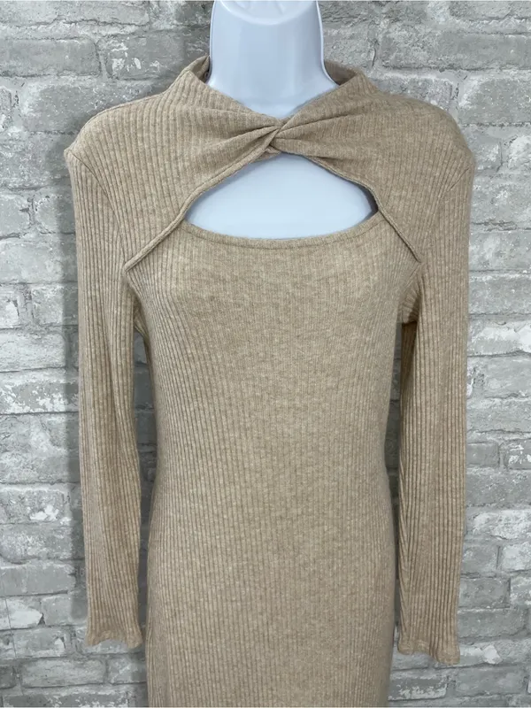 Maurices Beige Ribbed Long-Sleeve Midi Dress with Cutout - Image 2