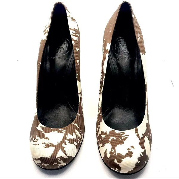 Tory Burch Brown & Cream Fabric "Bria" Stacked Heel Pumps (5m) - Image 7