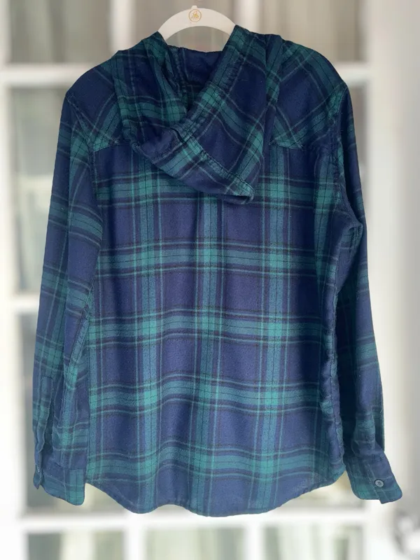 Garage Women's Medium Blackwatch Plaid Flannel Hooded Boyfriend Fit Shacket - Image 2
