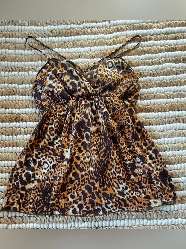 Y2K Leopard Print Spaghetti Strap Babydoll Flowy Top with black lace trim I - Image 2
