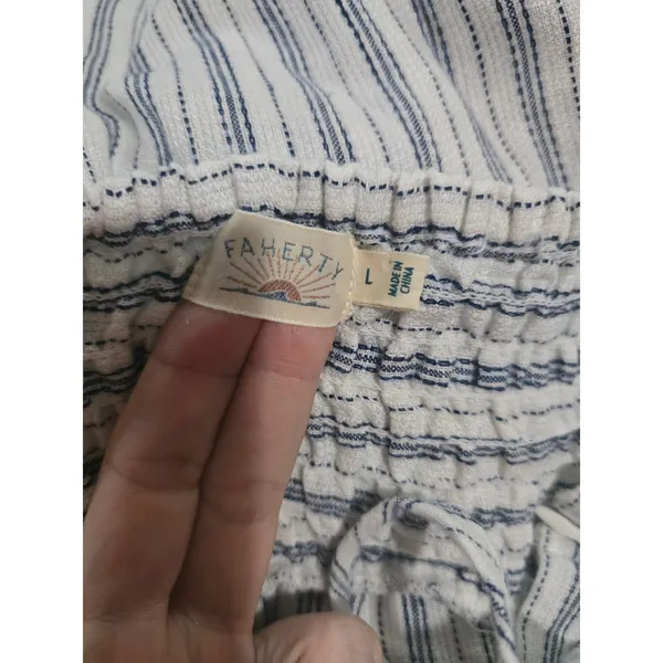 Faherty Linen Dress Womens L Maxi Isha Blue White Striped Smocked EUC - Image 2