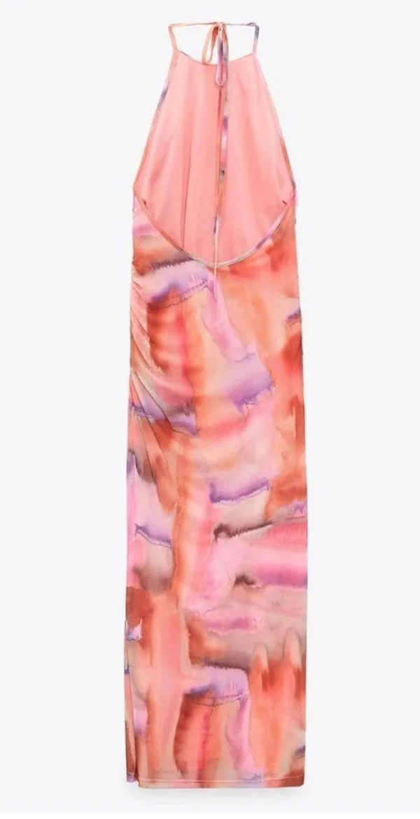 ZARA midi dres mesh fitted pink casual summer party drapped ruched tulle - Image 11