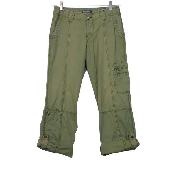 Eddie Bauer Utility Cargo Pants Womens 2 Green Roll Tab Convertible Leg Y2K - Image 3