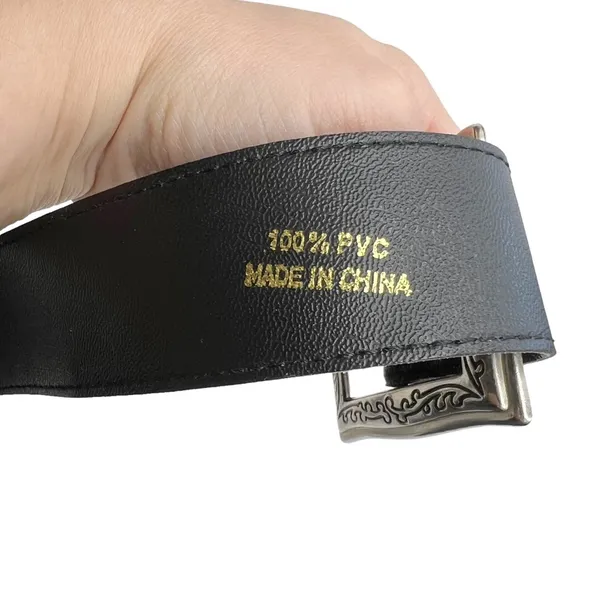 Black Pebbled Faux Leather Square Silver Vine Pattern Buckle Belt - Image 9