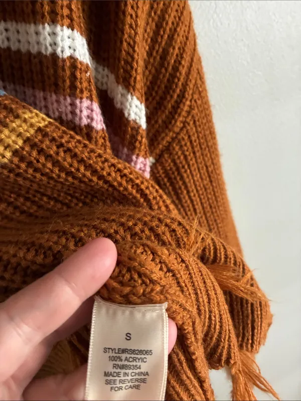 No Comment Distressed Oversized Sweater Brown Stripe Chunky Knit Size S - Image 4