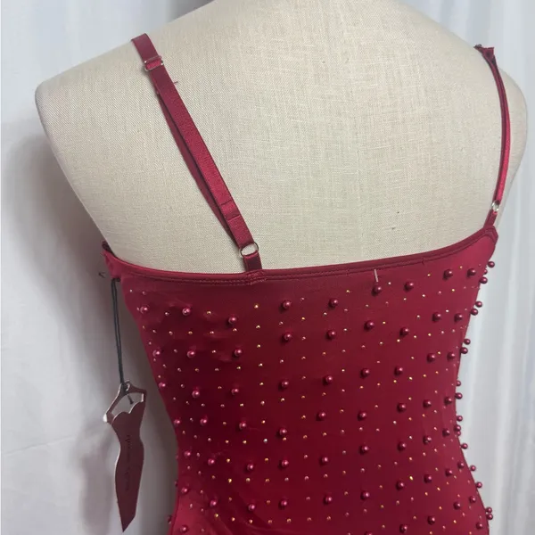 Elegant Red Beaded Dress bodycon party Valentines dark ruby spaghetti strap S - Image 5