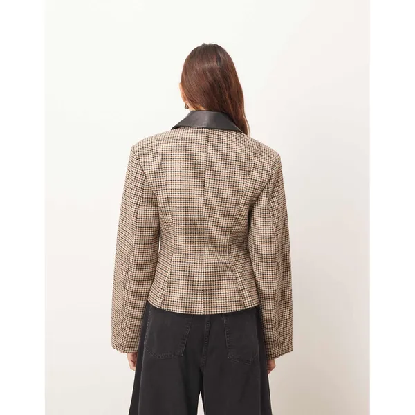 Arrange Plaid Structured Jacket Contrast Leather Collar Size‎ 0 Tan - Image 2