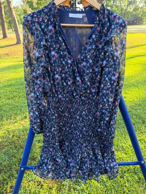 Lush Clothing Floral Smocked Mini Dress Medium Navy Blue Ruffle Long Sleeve Cottagecore - Image 2