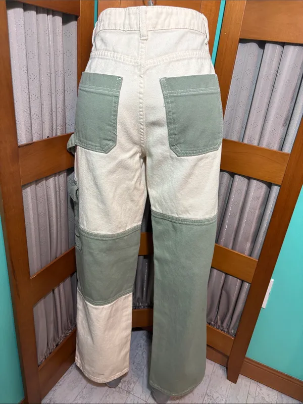 SHEIN Two-Tone Wide Leg Patchwork Pants in Olive Green and Cream - Image 7