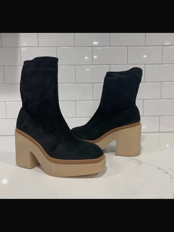 Free People Black Sock Platform Boots with Tan Crepe Heel - Image 4