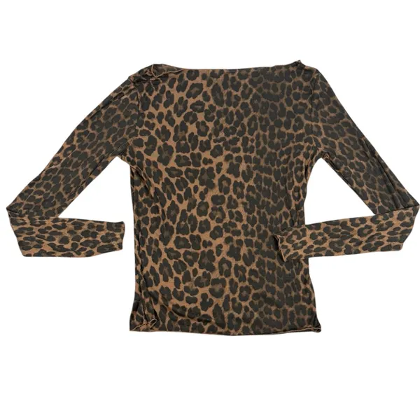 H&M Leopard Print Top Womens Medium Brown Long Sleeve Boat Neck Stretch Fitted - Image 8