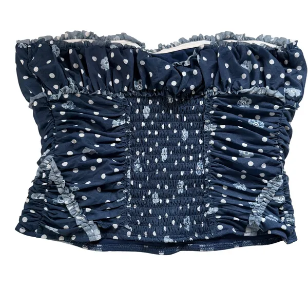 Free People Wait for Me Navy Polka Dot Floral Ruched Smocked Tube Top‎ NWT Med - Image 5