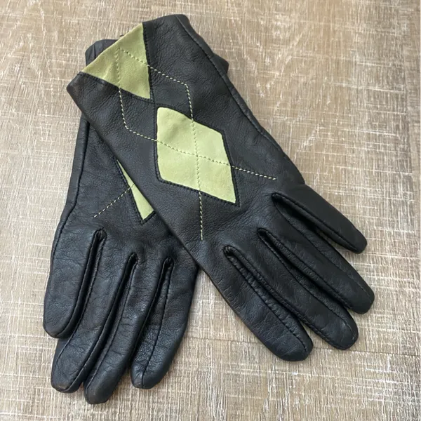 Altare Black Leather Gloves Womens S Argyle Green Contrast Lined Winter Driving - Image 2