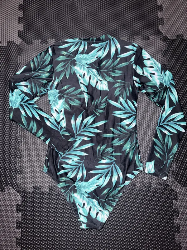 SHEIN Black One-Piece Rash Guard Swimsuit with Green Tropical Leaf Print - Image 6