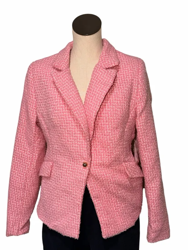 NWT EXPRESS $148 Hourglass Tweed Pink Bouclé Single-Button Blazer Jacket Medium - Image 2