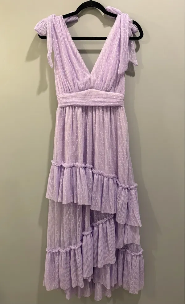 Vici Asymmetric Skirt Tie Strap Polka Dot Tie Back Detail Midi Dress Lavender Purple - Image 4