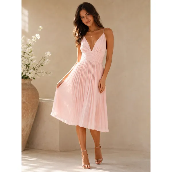 Lulus Love Me To The Moon Light Pink Pleated Criss-Cross Open Back Midi Dress XS - Image 3